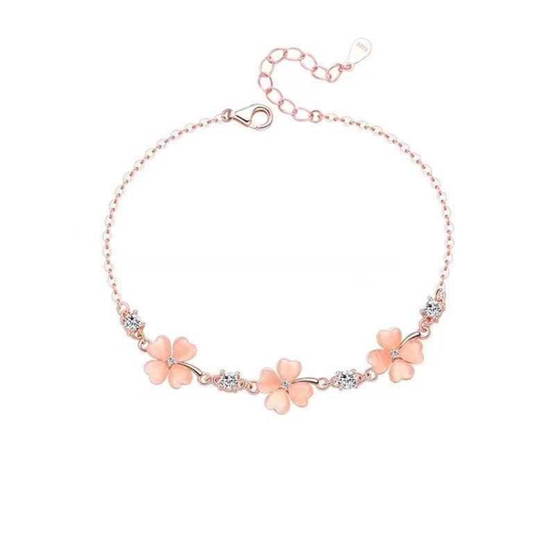 Rose Gold Four Leaf Clover Bracelet, Dainty Pink Floral Crystal Chain Bracelet for Women