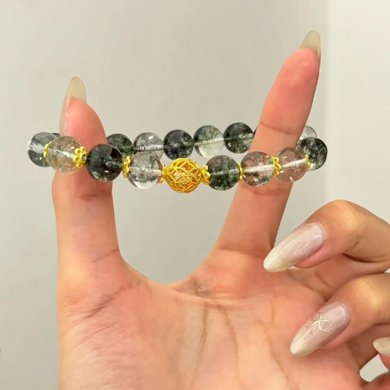 Natural Green Phantom Quartz Beaded Bracelet with Hollow Gold Decorative Bead, Elegant Crystal Bracelet for Women