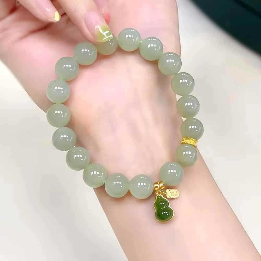 Women’s Natural Hetian Jade Bracelet with Gourd Accent, Elegant Everyday Wear Stone Bracelet