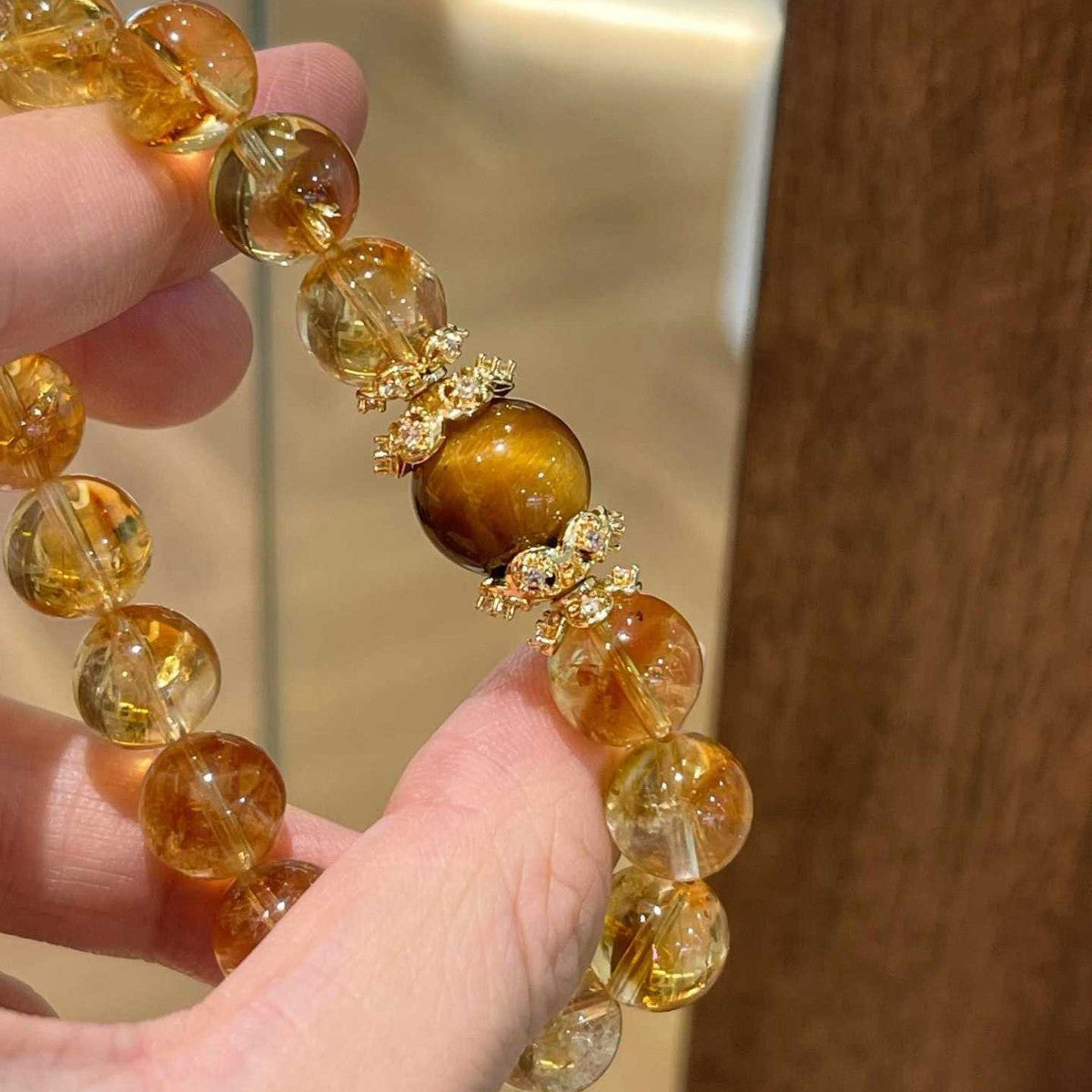 Natural Citrine Round Bead Bracelet with Tiger Eye & Gold Rhinestone Spacers, Elegant Crystal Bracelet for Women