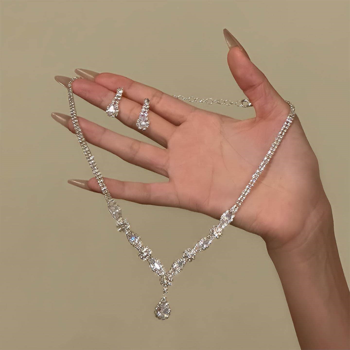 Teardrop Rhinestone Necklace & Earring Jewelry Set, Sparkling Silver Tone Formal Wedding Bridal Jewelry Set