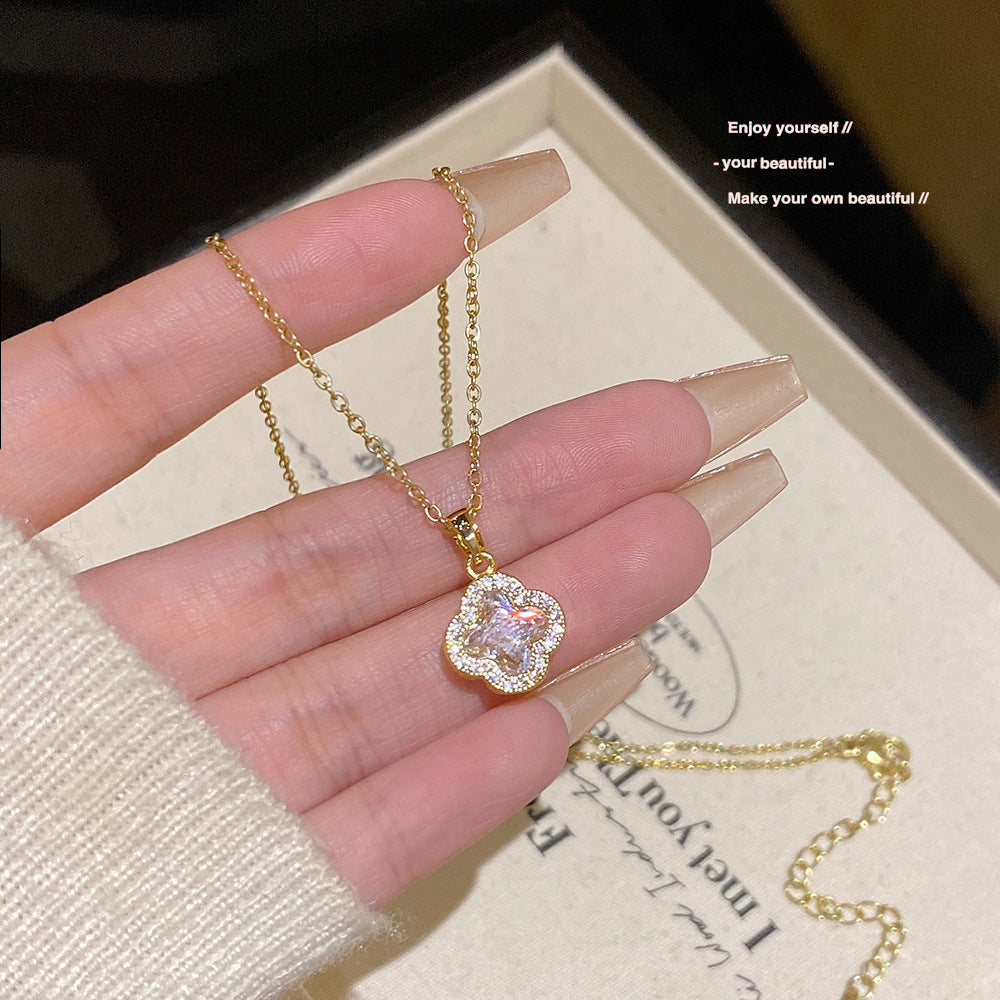 Gold Tone Four Leaf Clover Pendant Necklace, Pave Cubic Zirconia Lucky Clover Dainty Necklace for Women