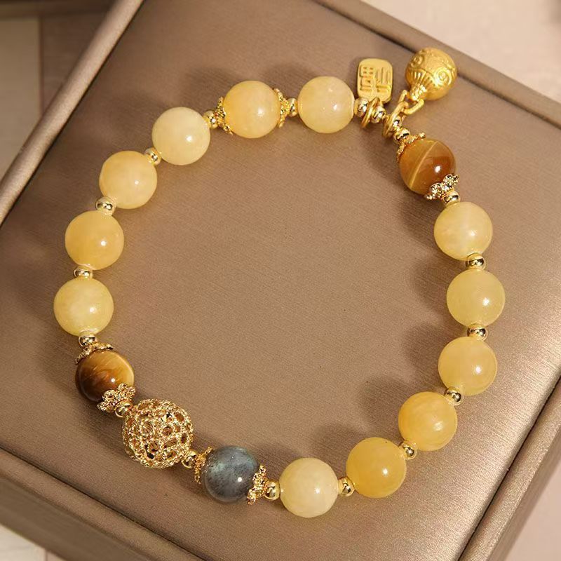 Oriental Design Natural Yellow Jade Stretch Bracelet with Fu Tag & Gold Fish Pendant Gemstone Jewelry