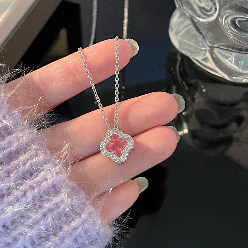 Pink Cubic Zirconia Four Leaf Clover Pendant Necklace, Halo Pave Silver Tone Dainty Clavicle Necklace for Women