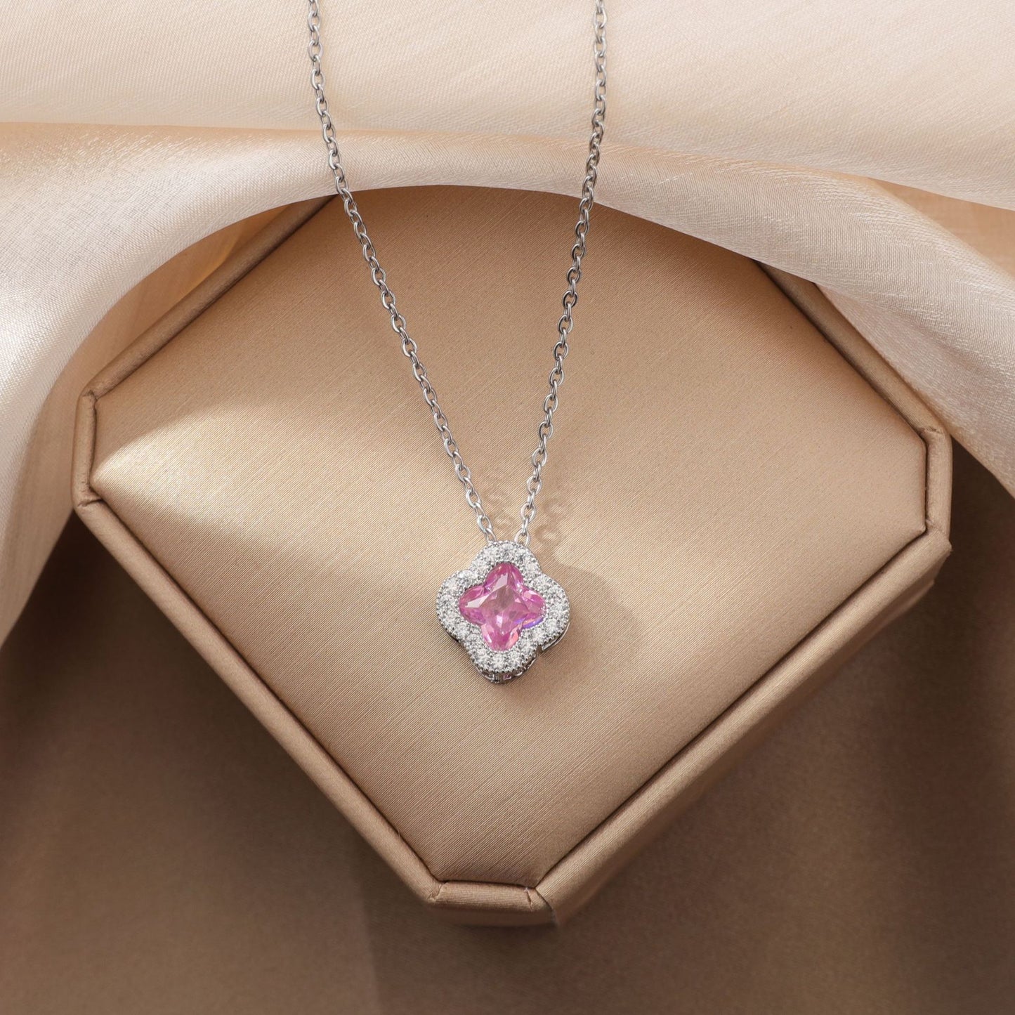 Pink Cubic Zirconia Four Leaf Clover Pendant Necklace, Halo Pave Silver Tone Dainty Clavicle Necklace for Women