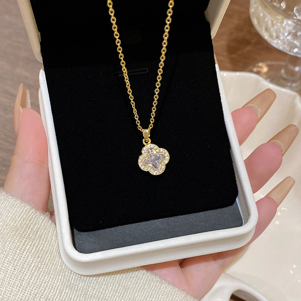 Gold Tone Four Leaf Clover Pendant Necklace, Pave Cubic Zirconia Lucky Clover Dainty Necklace for Women