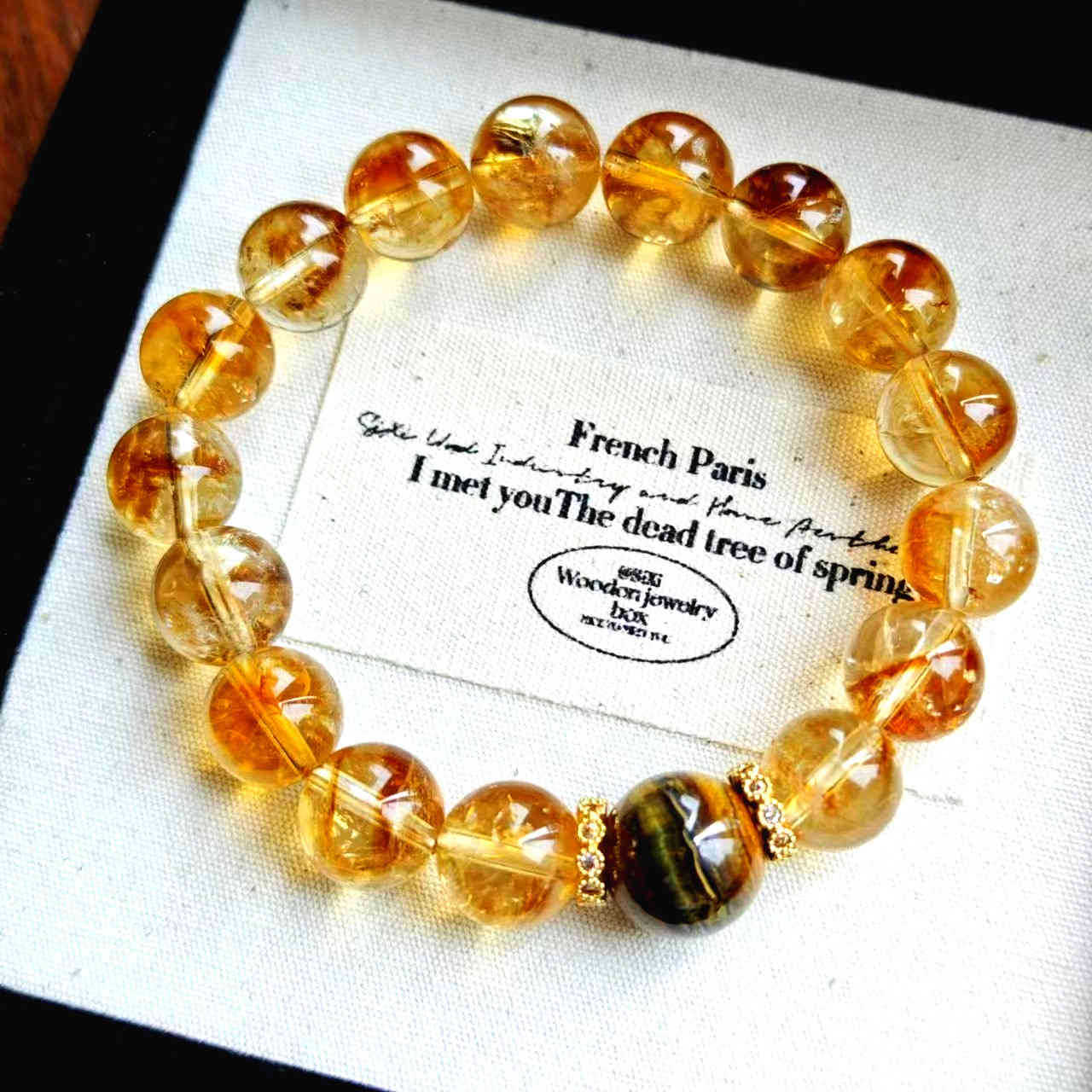Natural Citrine Round Bead Bracelet with Tiger Eye & Gold Rhinestone Spacers, Elegant Crystal Bracelet for Women
