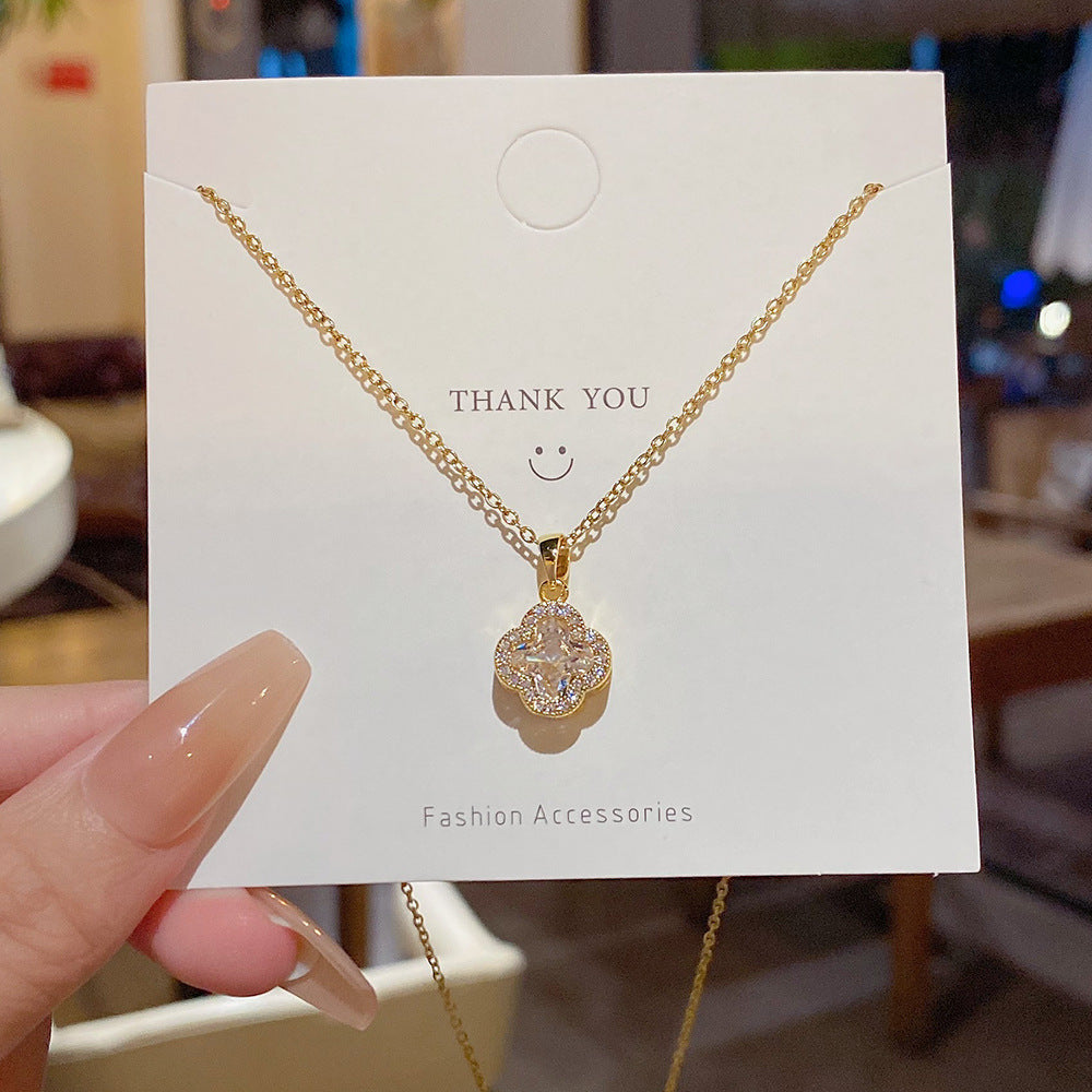 Gold Tone Four Leaf Clover Pendant Necklace, Pave Cubic Zirconia Lucky Clover Dainty Necklace for Women