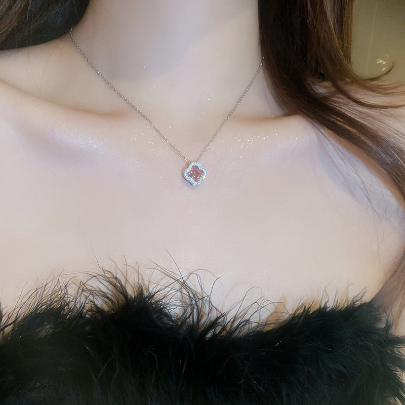 Pink Cubic Zirconia Four Leaf Clover Pendant Necklace, Halo Pave Silver Tone Dainty Clavicle Necklace for Women