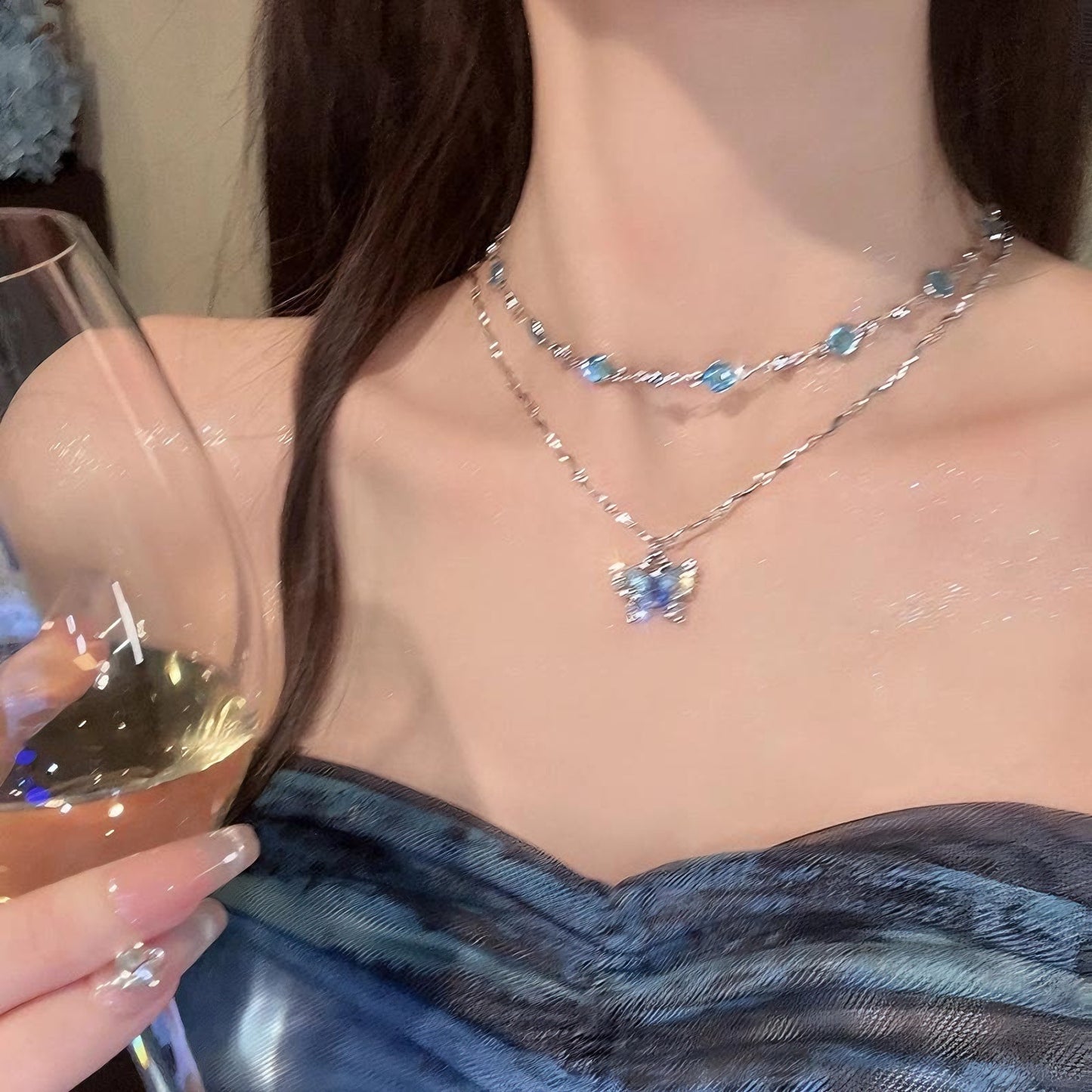Two-Layer Blue Crystal Butterfly Pendant Necklace, Silver Tone Stacked Choker Clavicle Chain for Women