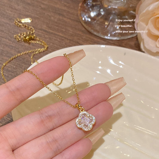 Gold Tone Four Leaf Clover Pendant Necklace, Pave Cubic Zirconia Lucky Clover Dainty Necklace for Women
