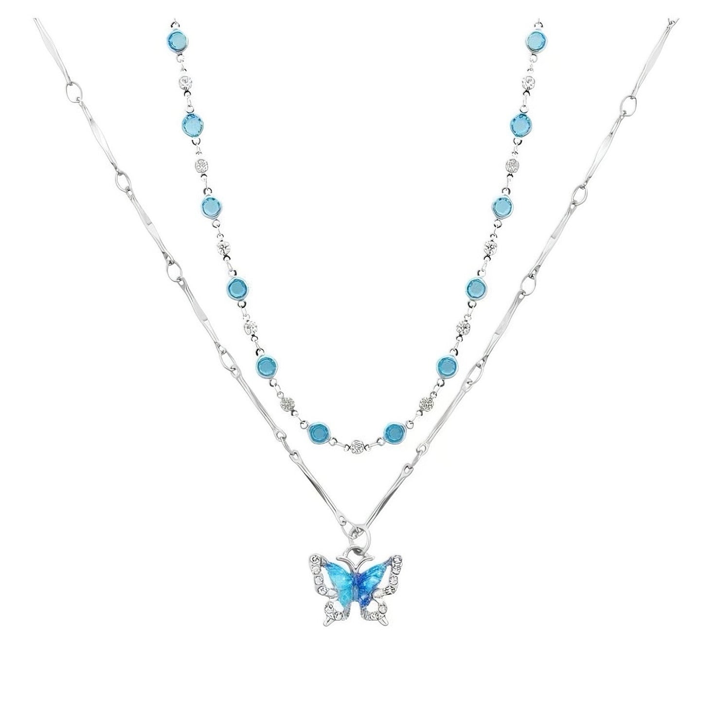 Two-Layer Blue Crystal Butterfly Pendant Necklace, Silver Tone Stacked Choker Clavicle Chain for Women