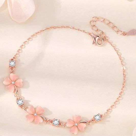 Rose Gold Four Leaf Clover Bracelet, Dainty Pink Floral Crystal Chain Bracelet for Women