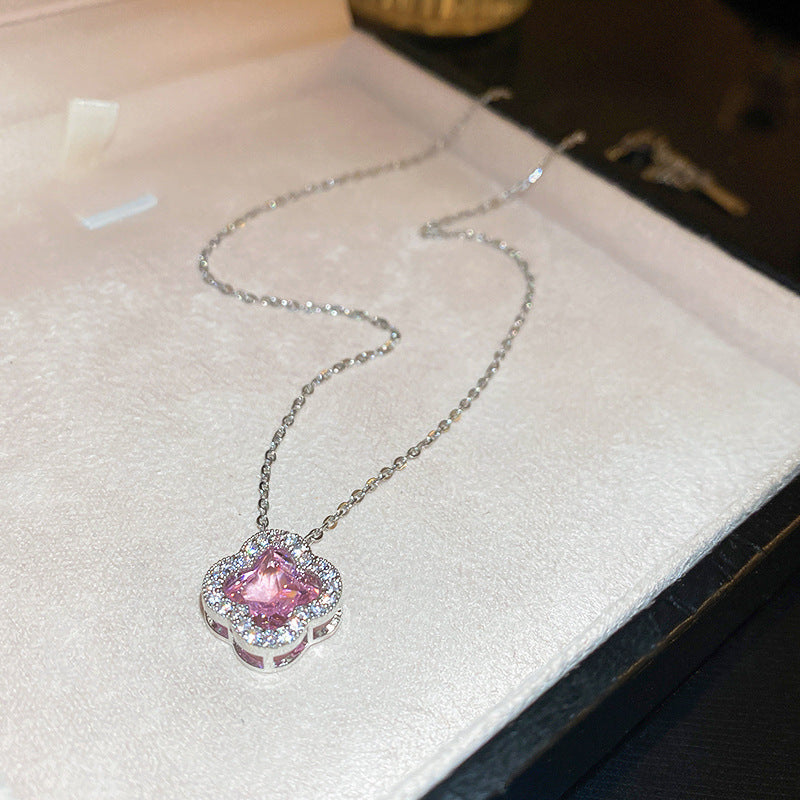 Pink Cubic Zirconia Four Leaf Clover Pendant Necklace, Halo Pave Silver Tone Dainty Clavicle Necklace for Women