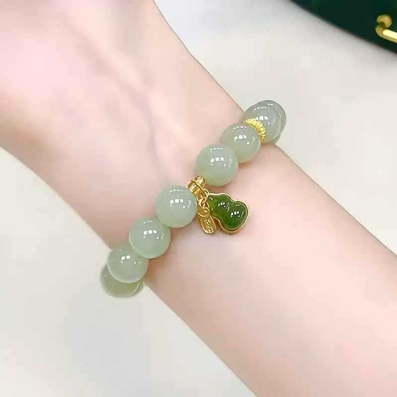 Women’s Natural Hetian Jade Bracelet with Gourd Accent, Elegant Everyday Wear Stone Bracelet