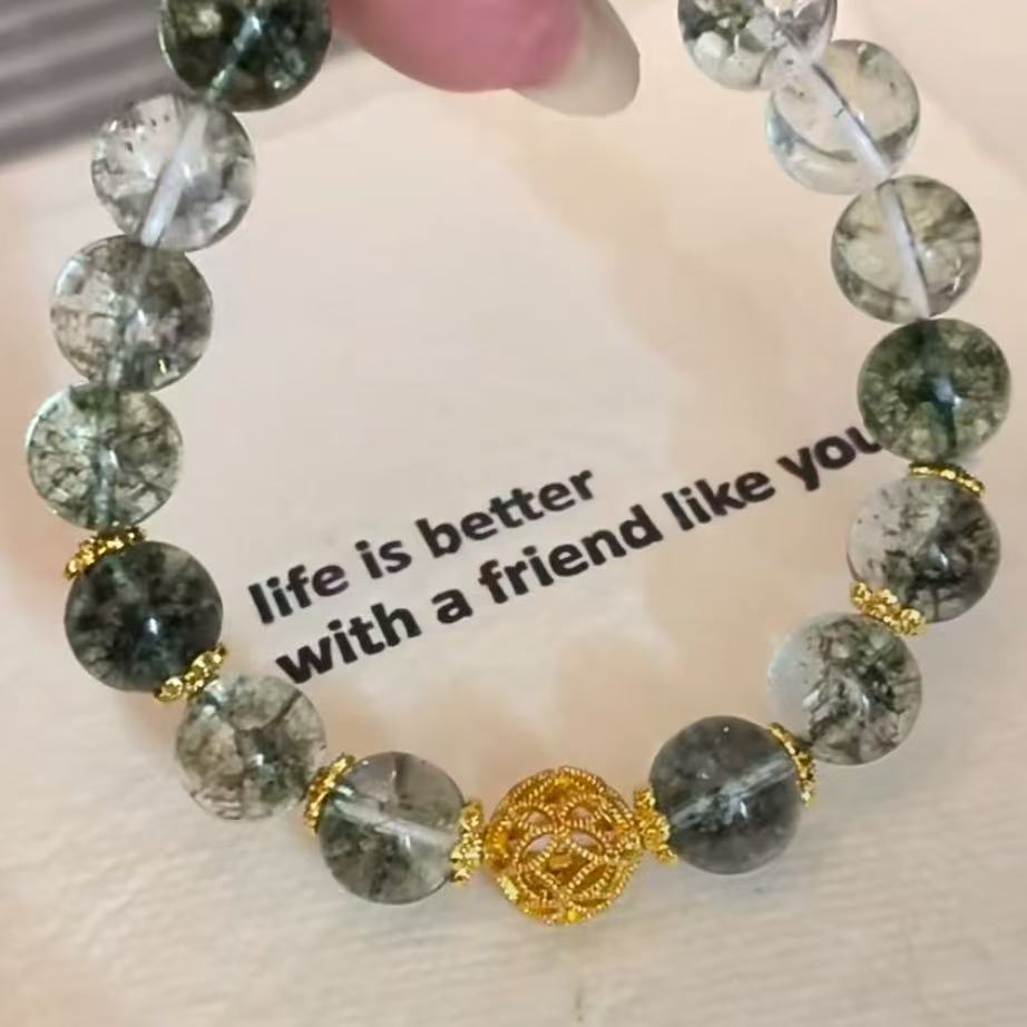 Natural Green Phantom Quartz Beaded Bracelet with Hollow Gold Decorative Bead, Elegant Crystal Bracelet for Women
