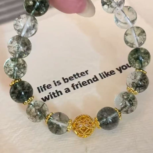 Natural Green Phantom Quartz Beaded Bracelet with Hollow Gold Decorative Bead, Elegant Crystal Bracelet for Women