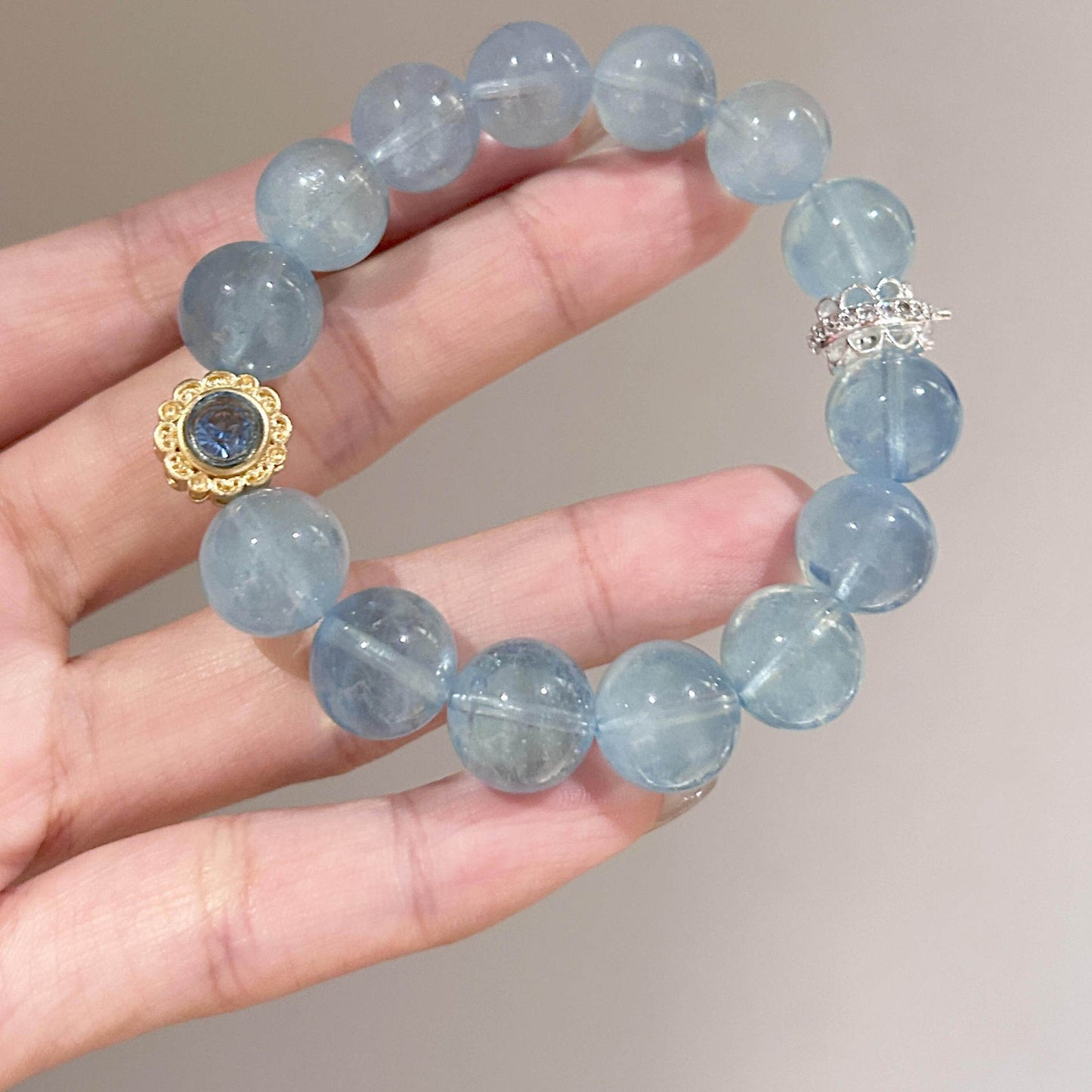 Women’s Natural Aquamarine Bracelet, Ornate Two-Tone Metal Accent Stone Bracelet
