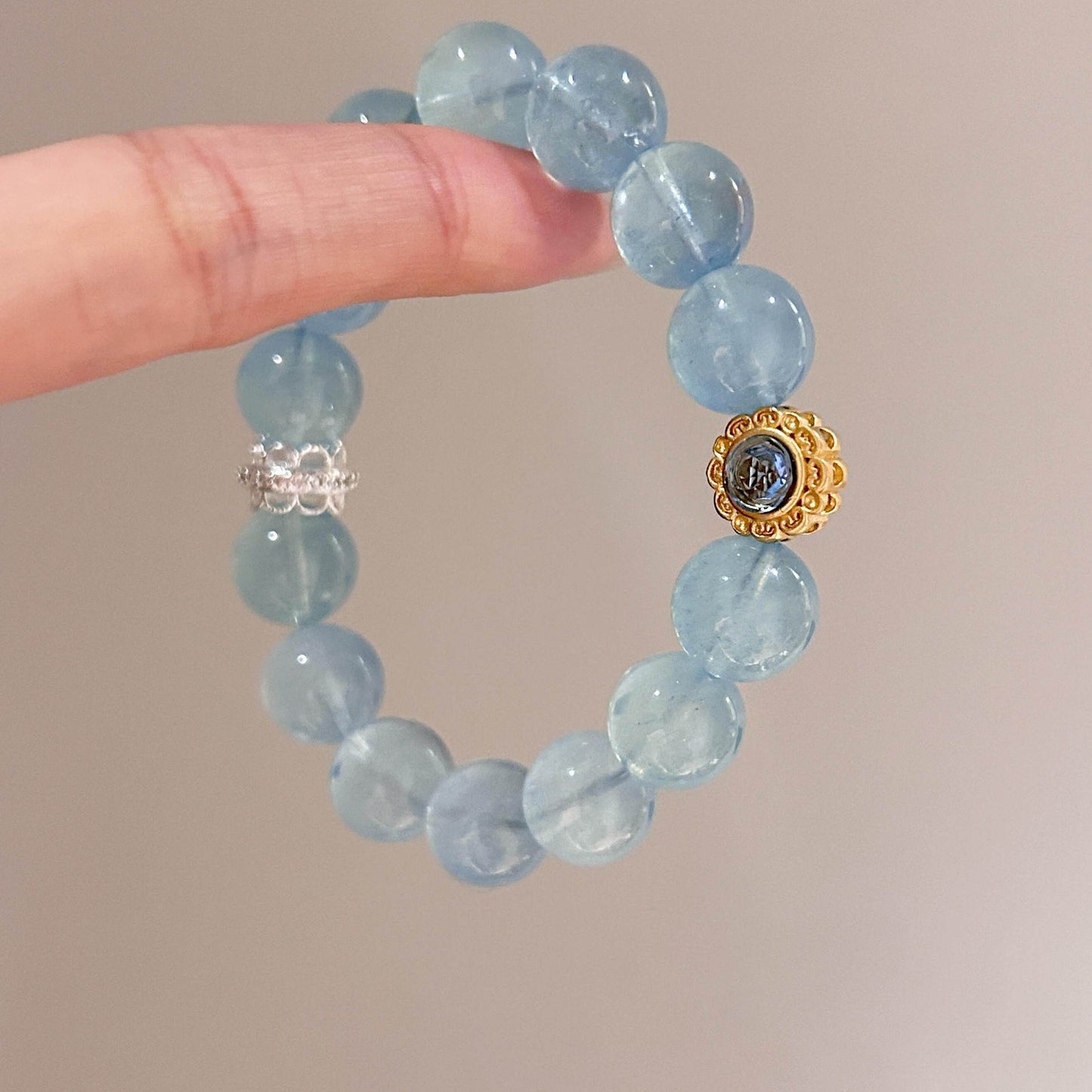 Women’s Natural Aquamarine Bracelet, Ornate Two-Tone Metal Accent Stone Bracelet