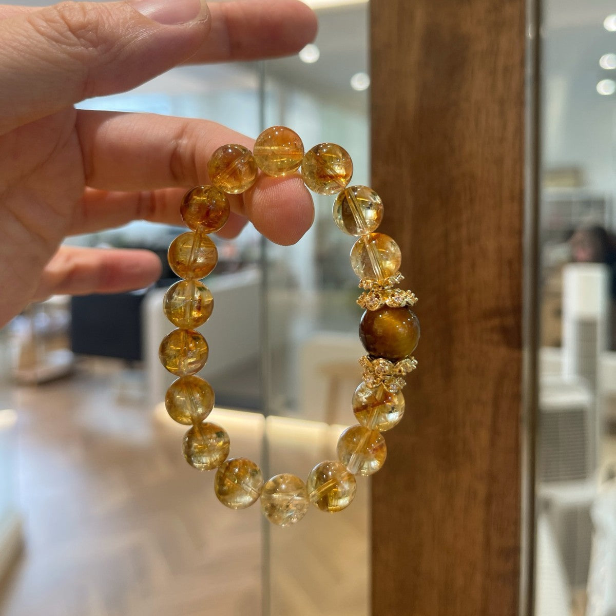 Natural Citrine Round Bead Bracelet with Tiger Eye & Gold Rhinestone Spacers, Elegant Crystal Bracelet for Women
