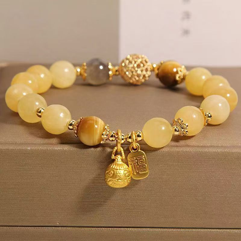 Oriental Design Natural Yellow Jade Stretch Bracelet with Fu Tag & Gold Fish Pendant Gemstone Jewelry